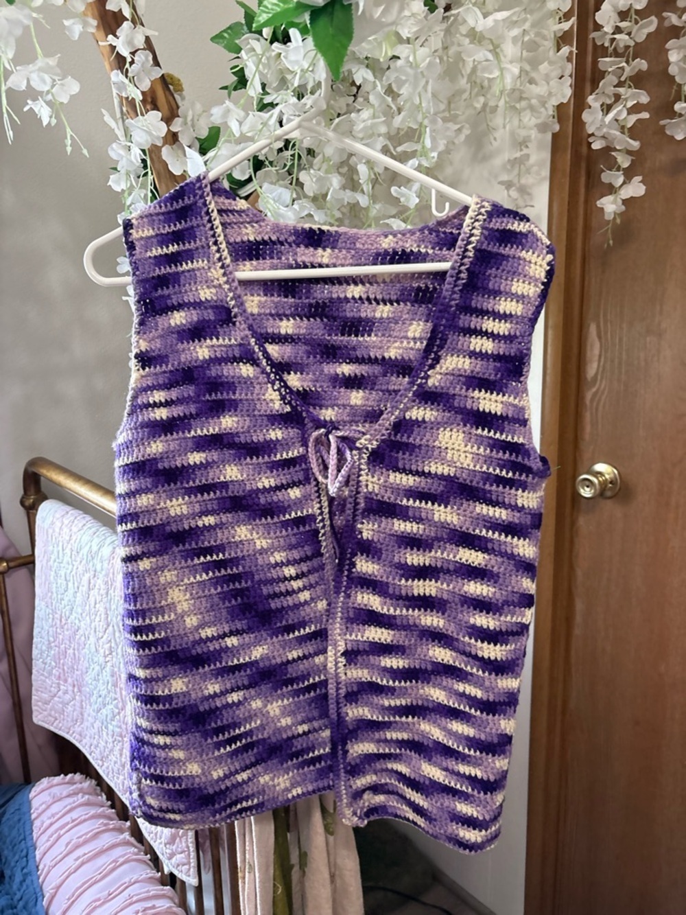 Handmade Vintage Crochet Purple & Cream Vest